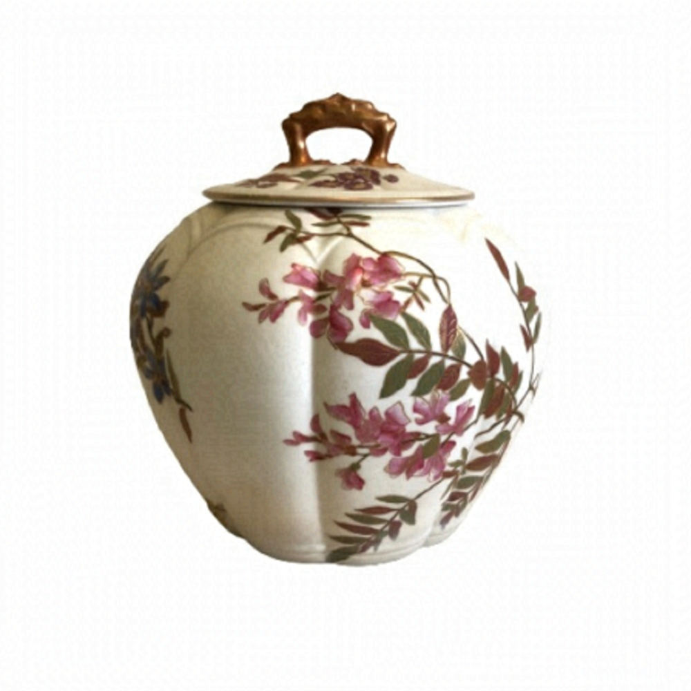 ROYAL Worcester 1890 Hand Painted Melon Ribbed Covered Biscuit Jar